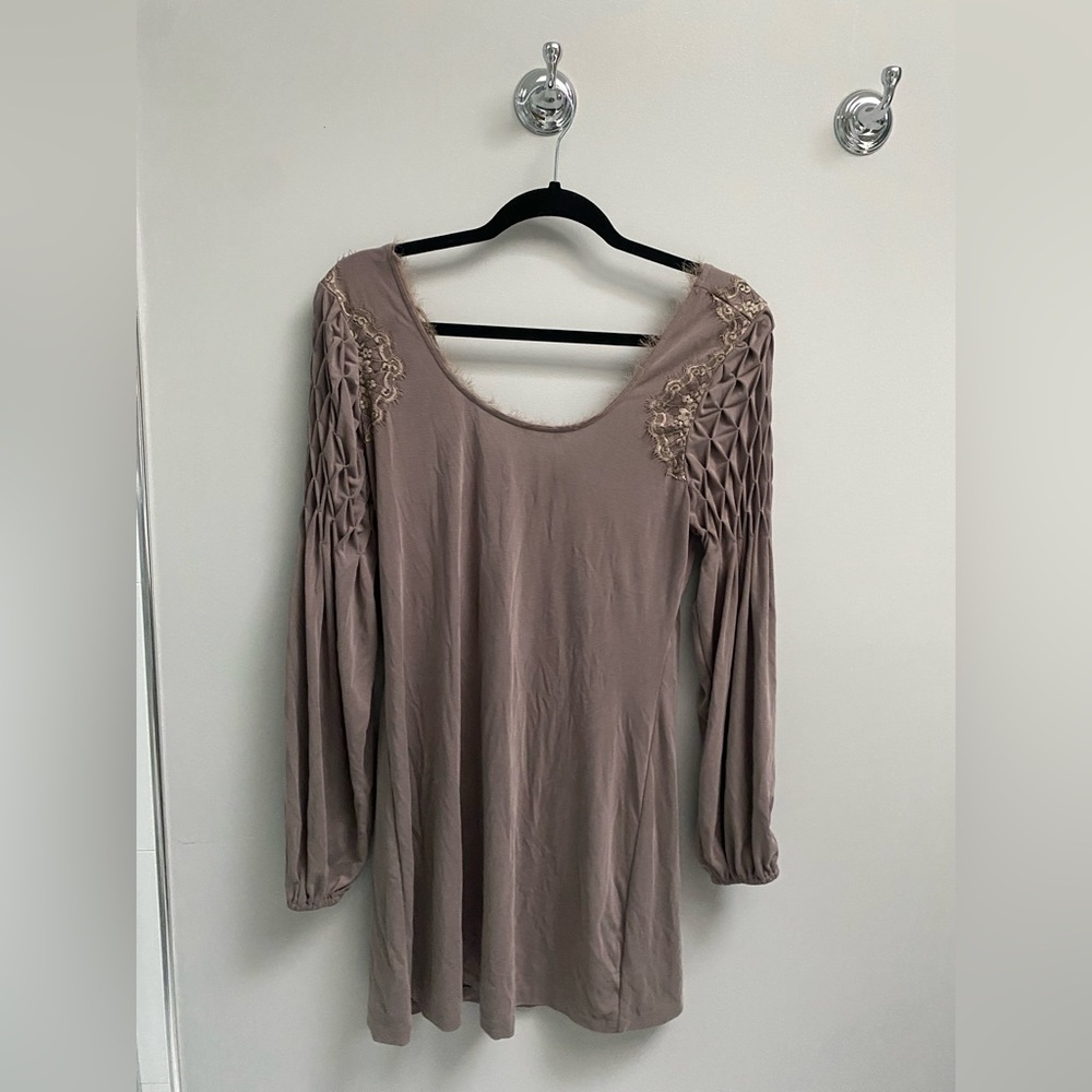 Free People smocked ruched brown long sleeve dress size small new